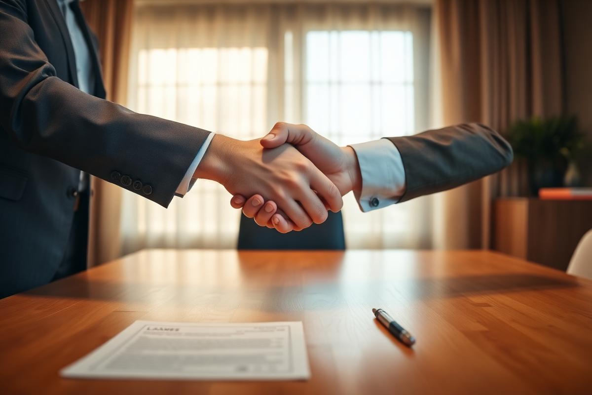 Handshake across a desk with a loan document